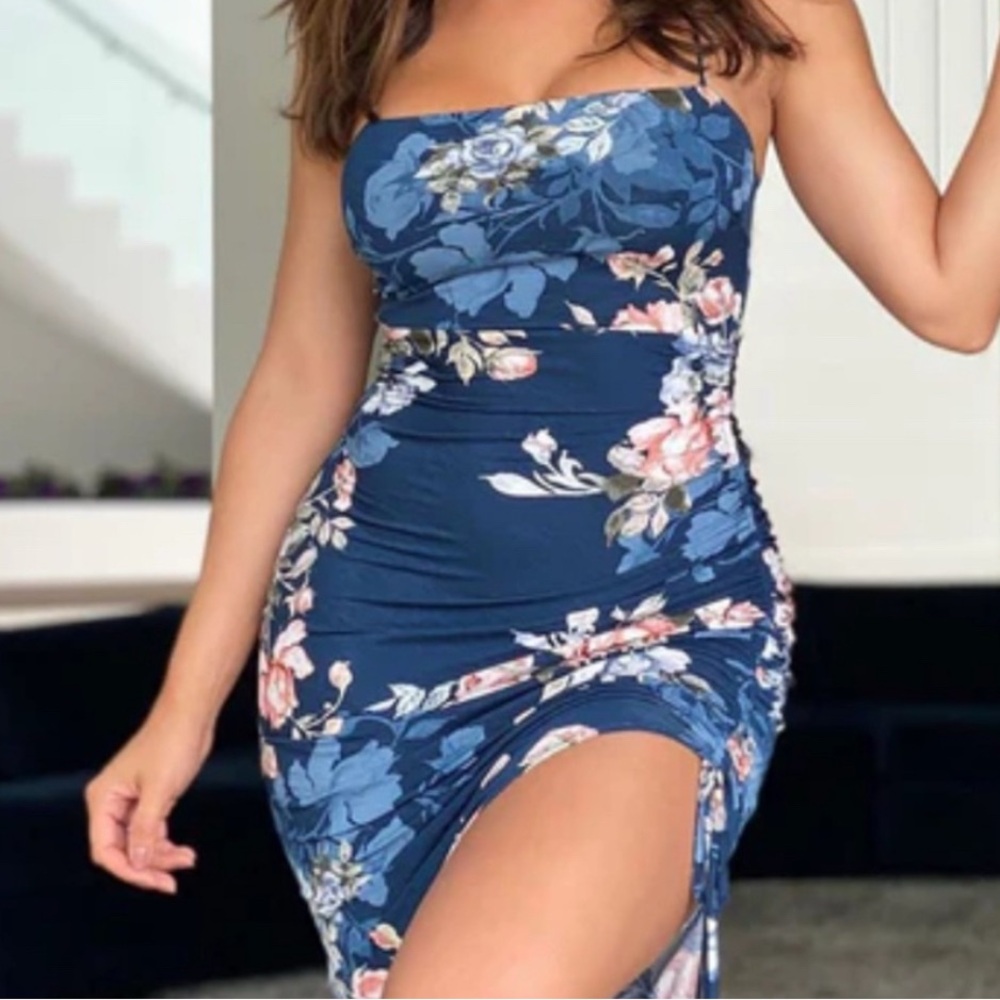 Fashion Nova Navy Floral Strapless Dress